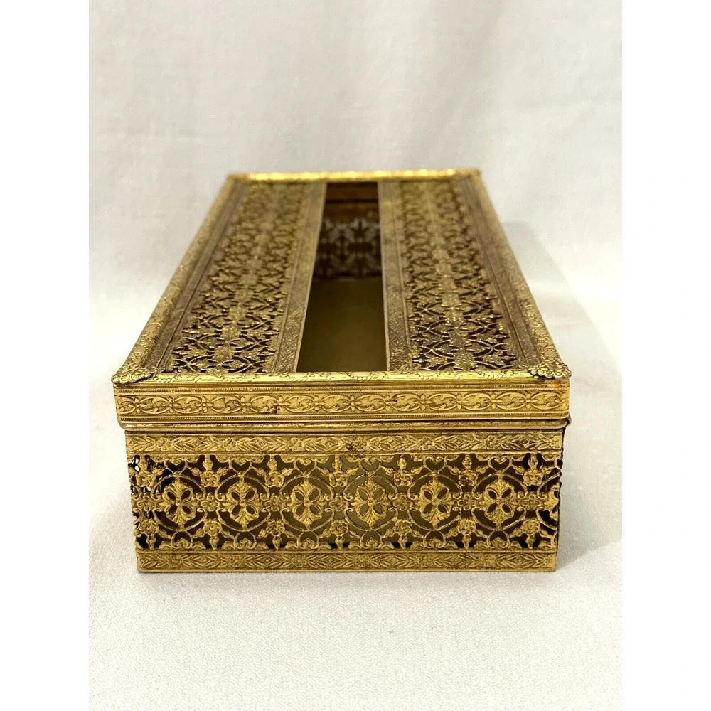 Vintage Gold Tone Brass Filigree Tissue Box Holder